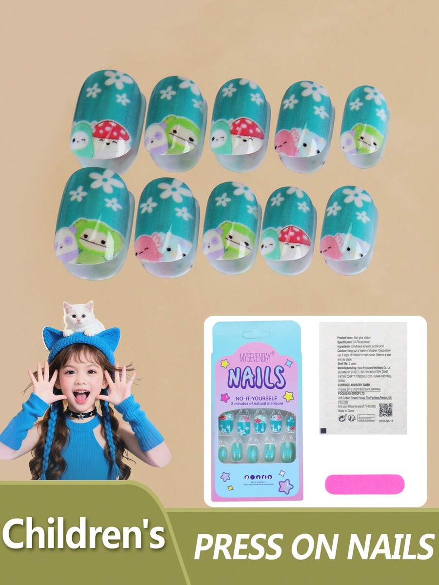 24pcs Children's Short Square Nail Stickers, Kids Love Them! Macaron Colors, Short Square Shape, Non-Sticky Design, Easy To Wear, Featuring Cute Patterns Like Gingerbread Man, Cake, Lollipop, Full Of Childlike Fun, Suitable For Daily Life, Christmas, And Parties, Providing A Lovely Ritual For Kids - MultiWarna - View 1