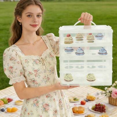 SENDERPICK 4 Tier Cupcake Carrier, Stackable Cupcake Holder Cakes Storage Container Collapsible Cake Carrier With Lid And Handle Removable Tray Cake Transport Container Stacking Cupcake Storage Container Store Up To 48 Cupcakes
