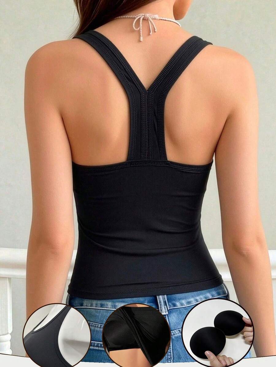 Áo hai dây cổ vuông hở lưng, ôm sát, thoáng khí, thời trang, có đệm mút, đa năng cho mọi mùa. - màu đen - Xem 1