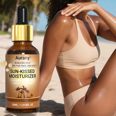 AURANY Gotas autobronceadoras, gotas de bronceado sin sol, gotas de bronceado facial, suero bronceador, gotas de bronceado gradual, acabado sin rayas y color construible y cuidado hidratante, cuidado diario de la piel y bronceado en casa y de viaje, para hombres y mujeres de todos los tipos de piel, 30ml