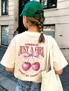 Tween Girl Creative Bow & Cherry Print T-Shirt, Soft & Comfortable Fabric, Suitable For Girls' Outdoor Sports, Daily Wear, Street & Campus Style, Fashionable Spring/Summer Casual Versatile Top - Apricot - View 2