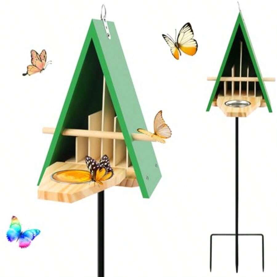 Wooden Butterfly  With Metal Stake For Garden Outdoor  Habitat With Puddler Floor Or Hanging Tree  Butterfly Feeder In  Color - Green - View 1