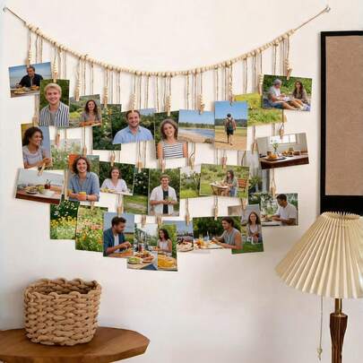20pcs Photo Hanging Wall Display With Wooden Beads & Ropes, Clip Photo Wall, No Drill, Creative Decor For Kids Room, Nursery, Showcase Growth Photos & Family Memories