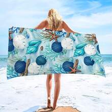 Toalla de playa grande de secado rápido de microfibra con patrones de conchas, coral y estrellas de mar, adecuada para la playa, la piscina, el spa y los viajes, esencial para las vacaciones de verano - Multicolor - Ver 4