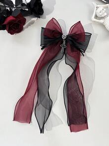 1pc Gothic Cross Decor Accessory, Mesh Bow Hair Clip, Metal Alligator Clip, For Women,Summer,Holiday,Travel, Head Accessories, Claw Clips,Festival,Party - Black Wine Red - View 6
