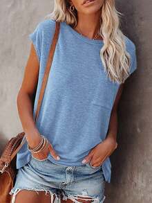 Women's Solid Color Batwing Sleeve Loose Casual T-Shirt, Summer Pocket Patch Top - Sky Blue - View 2
