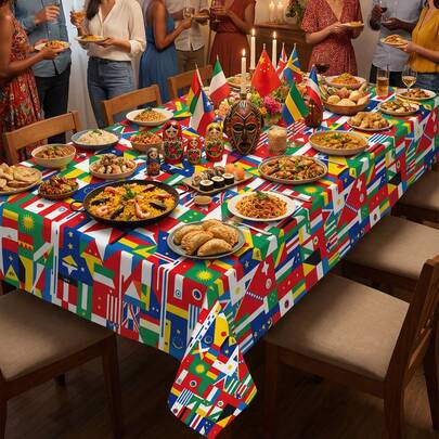 一件装，国际旗帜图案全印花长方形桌布，全球庆典派对风格，涤纶材质，防污防水，扇形边设计，防油防尘，防皱，可水洗重复使用，是国际美食节、多元文化聚会、世界派对活动的理想之选。
