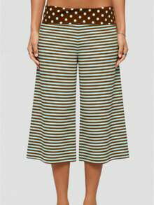 Women's Y2k Fold Over Waist Yoga Capri Pants Fashion Casual Solid Color/Striped/Polka Dot Stretchy Low Rise Wide Leg Crop Pants Light Weight Comfy Lounge Capri Pants - 薄荷色 - 查看 1