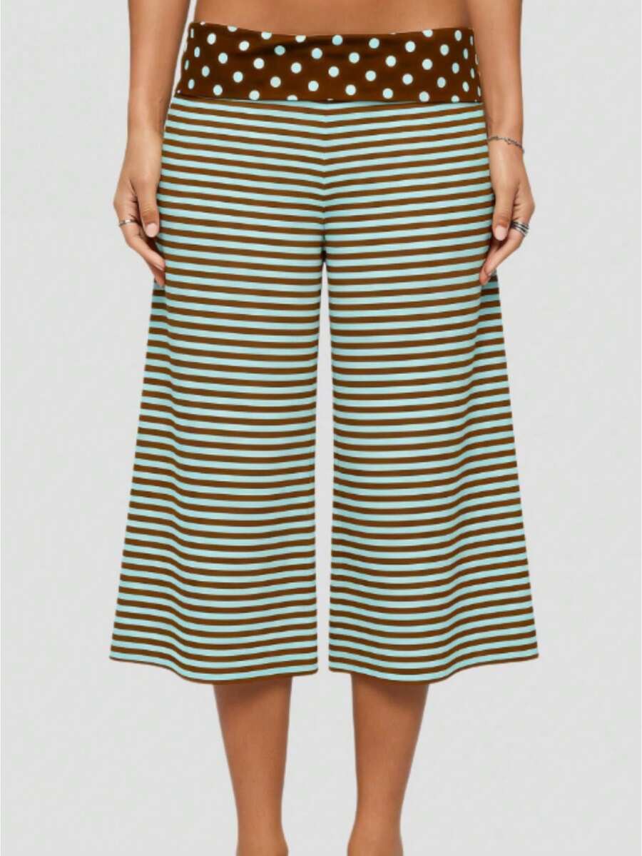 Women's Y2k Fold Over Waist Yoga Capri Pants Fashion Casual Solid Color/Striped/Polka Dot Stretchy Low Rise Wide Leg Crop Pants Light Weight Comfy Lounge Capri Pants - 薄荷色 - 查看 1