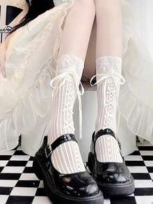 Calcetines de estilo Lolita de alta gama con ribete de encaje, decoración de lazo hueco, perfectos para moda Lolita y cosplay - Blanco - Ver 4
