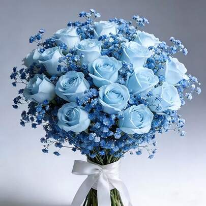 26pcs Realistic Blue Rose & Baby's Breath Artificial Flower Bouquet - Plastic Flowers, Suitable For Weddings, Valentine's Day, Graduation, Center Pieces, Table Decor, All Seasons, No Vase Included