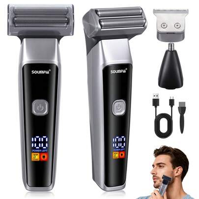 1 máy cạo râu/tỉa lông nam 3 trong 1 sạc USB, có màn hình hiển thị trạng thái sạc, máy tỉa lông mũi, máy cắt tóc và máy cạo râu.