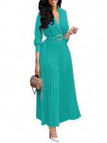 Plus Size Elegant Waist-Cinched Pleated Dress With Belt, Suitable For Spring/Summer, Formal Occasions, Weddings, Birthdays, And Teacher Outfits - Mint Green - View 7