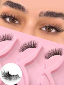 GROINNEYA 3 Pairs Fox Eye Lashes C Curl Flared Half-Strip False Eyelashes, Natural Makeup 3D Effect Faux Mink Lashes With Invisible Band, Lightweight & Reusable, Waterproof, Suitable For Vacation, Short Trips - Black - View 6