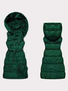 Thick Double-Sided Down And Fur Vest, Quilted 2-In-1 Vest, Fixed Hood, Insulated With Synthetic Down, Fastened With A Zipper And A Panel With Snaps, Tie Belt, 2 Open Pockets, Length To Mid-Thigh, Casual, Spring/Autumn - Green - View 5