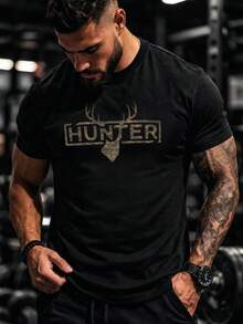 Áo thun nam cổ tròn in hình gạc hươu và chữ HUNTER Camo, phong cách ngoài trời Mỹ. - màu đen - Xem 1