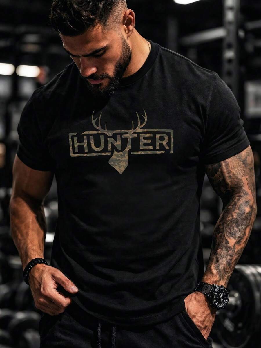Áo thun nam cổ tròn in hình gạc hươu và chữ HUNTER Camo, phong cách ngoài trời Mỹ. - màu đen - Xem 1