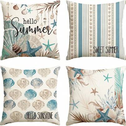 你好夏日柠檬贝壳和海星装饰枕套套装，你好阳光甜美夏日海洋珊瑚假日季节装饰四件套