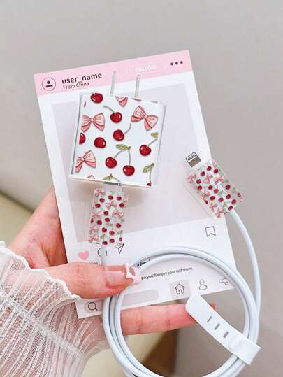 四合一套装：粉色蝴蝶结樱花图案充电器保护套、充电线保护套、硅胶线缆收纳器、透明TPU充电器保护套，兼容苹果手机