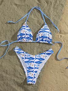 Bộ bikini hai mảnh kiểu dáng nghỉ mát dành cho nữ, in họa tiết, kiểu dây buộc cổ và tam giác, thích hợp cho kỳ nghỉ trên đảo và chụp ảnh trên bãi biển mùa hè. - Nhiều màu - Xem 4