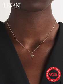 LEKANI 1pc S925 Sterling Silver Necklace,cross Pendant With Colorless Cubic Zirconia In Unique Minimalist Style,match All Outfits, Ideal Gift For Anniversary, Birthday And Daily Wear, Perfect For Besties And Girlfriends - Silver - View 2
