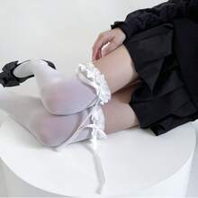 Cute Lace Ribbon Bow Thigh High Socks, Autumn Grey Velvet Elastic Over-The-Knee Stockings For Women - Multicolor - View 4