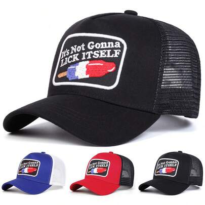 1pc Men's "It's Not Gonna Lick Itself" Embroidered Trucker Hat, Personalized Letter Print Baseball Cap, Streetwear Mesh Hat For Outdoor, Travel, Beach, Spring & Autumn