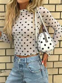 Fashionable & Elegant Semi-Sheer Polka Dot Print T-Shirt Vacation - White - View 3