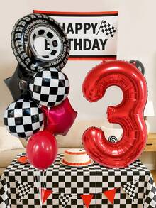 10pcs Racing Car Birthday Number Balloon Set, Includes 40-Inch Giant Number, Tire Balloons, Black & White Checkered Balloons, Pentagram Balloons, For Birthday Party Decoration, Racing Car Theme Party, Birthday Celebration - Multicolor - View 3