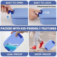 Caja bento a prueba de fugas mejorada, adecuada para estudiantes y adultos, caja de almuerzo de 4 compartimentos con utensilios y 2 tarros de salsa, apta para microondas y lavavajillas, caja de aperitivos y sándwiches, 1.9L - Azul - Multicolor - Ver 3