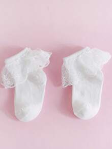 3双女童白色蕾丝边短袜，甜美公主风婴儿透气网眼短袜 - 白色 - 查看 6