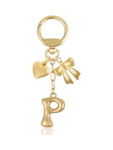 1 Pc A-Z Gold Bubble Letter Keychain With Heart And Bow, Round Clasp Initial Bag Charm,For Key Handbag Backpack, Personalized Gift For Women Girls,Perfect Gift - Multicolor - View 14