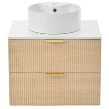 60cm Wall-Mounted Bathroom Vanity Unit With Round Ceramic Basin, Wood-Effect Drawer Fronts With Subtle Stripes, High-Quality MDF Panel, Ample Storage Space: 2 Drawers + Worktop - 白色+自然木色 - 查看 9
