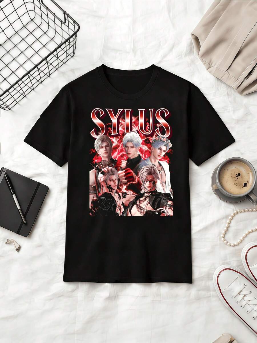 Maglietta in cotone unisex con grafica di fulmini rossi "SYLUS" di Love And Deepspace - nero - Visualizzare 1