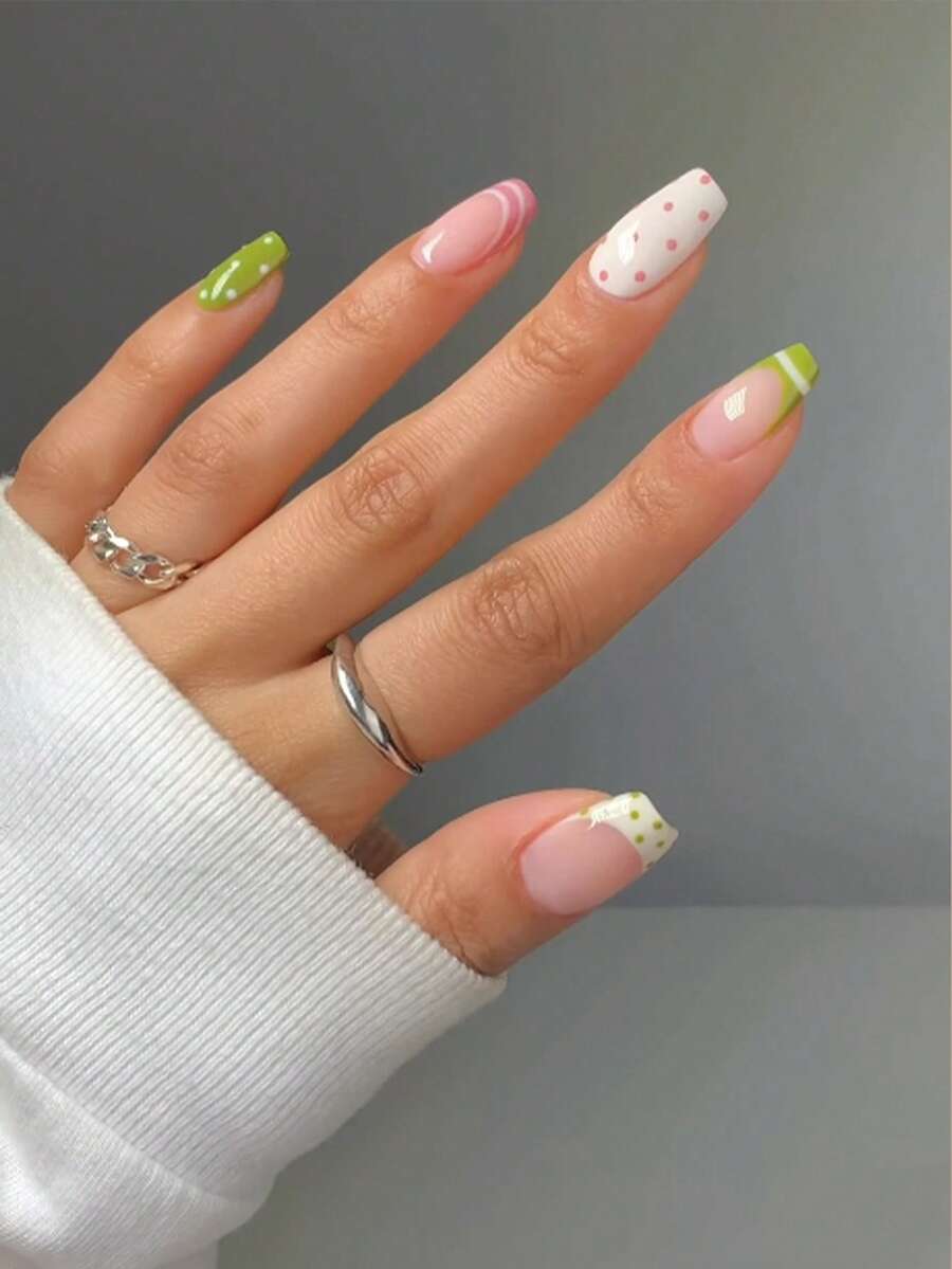 24片优雅法式长棺材形美甲贴片，绿白粉波点图案，可重复使用，光泽亮丽，适合女性夏季日常佩戴 - 綠色 - 查看 1