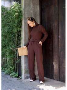 Women's Woolen Set - Pants And Turtleneck Top - Winter - 鏽棕色 - 查看 1