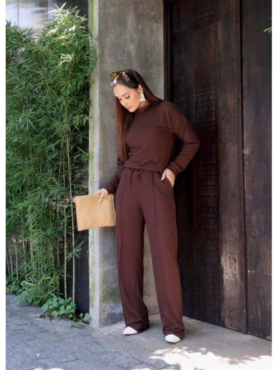 Women's Woolen Set - Pants And Turtleneck Top - Winter - 鏽棕色 - 查看 1