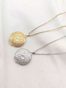 1pc 18K Gold Plated Stainless Steel Minimalist Round Disc Floral Engraved Locket Necklace, DIY Photo Storage, Holiday & Valentine's Day Gift - Multicolor - View 3