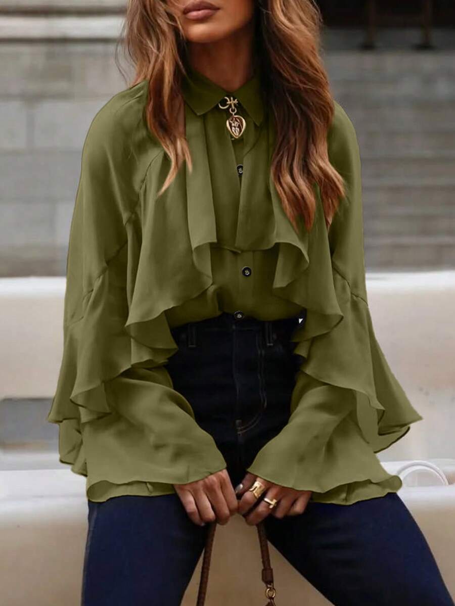 Women's Elegant Ruffle Trim Chiffon Loose Blouse, Suitable For Daily Wear, Dating, Commuting, Vacation, Green Color Spring - Green - View 1