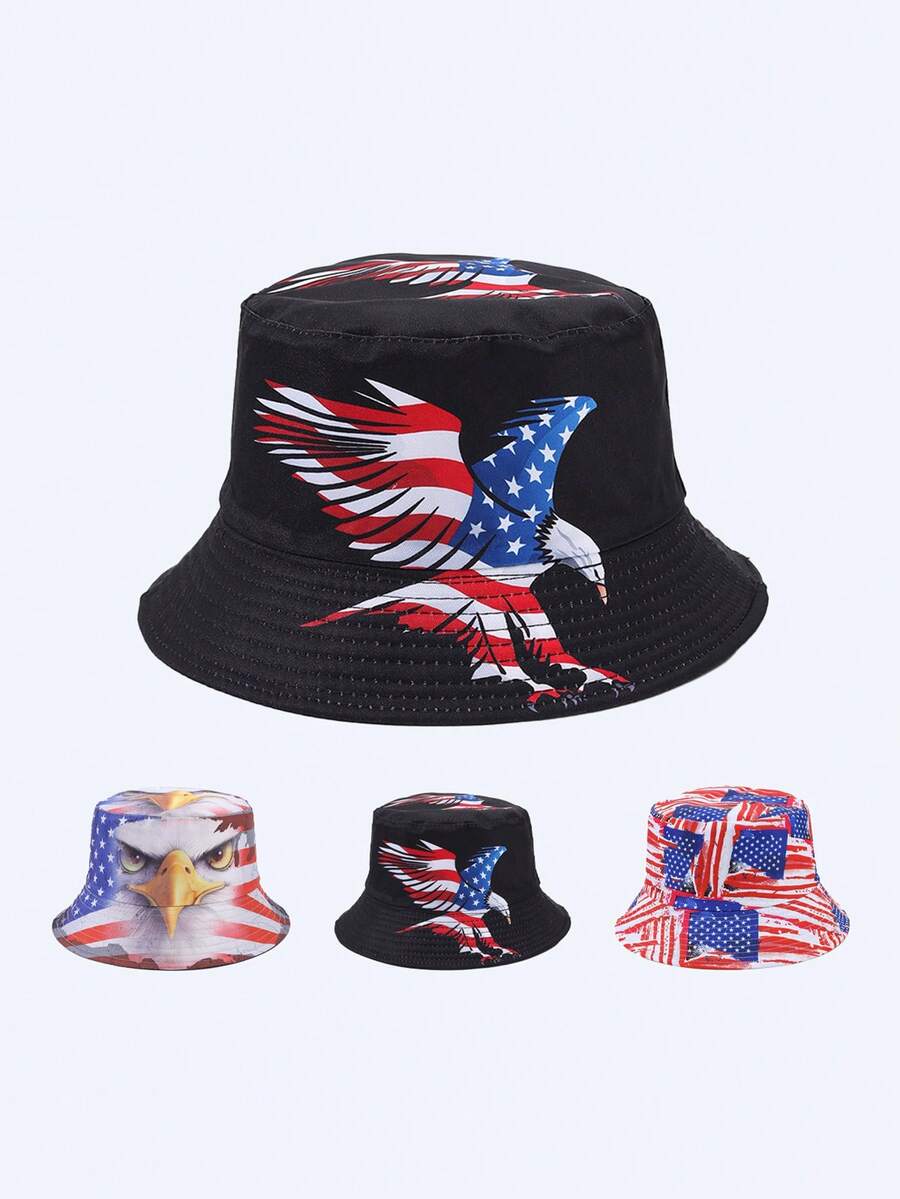 1顶男士时尚美国国旗和老鹰数码印花双面渔夫帽，适合所有季节休闲穿着 - A - 查看 1