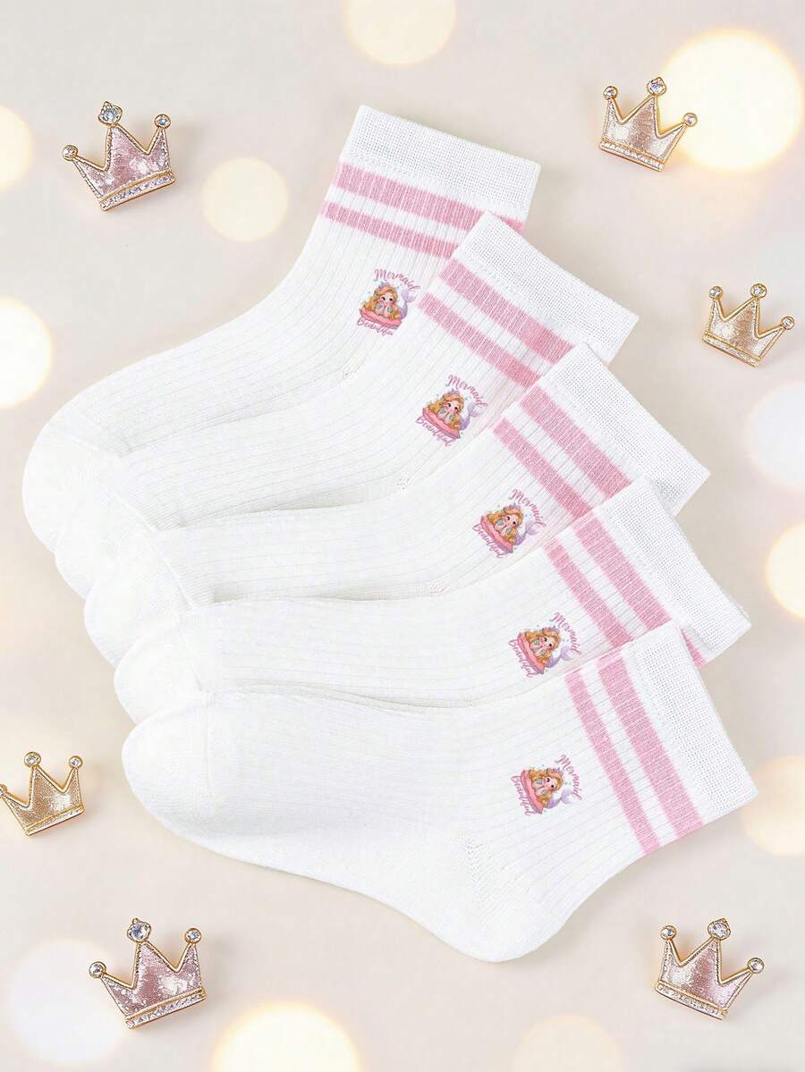 5双女童甜美公主印花白粉条纹休闲袜,饰有美人鱼粉色字母,适合日常穿着 - 彩色 - 查看 1