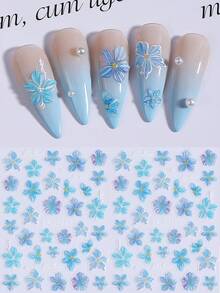 2片5D自粘蓝色芙蓉花美甲贴纸，全息蓝色花瓣图案美甲贴花，透明夏季花卉美甲装饰，适合度假和海滩DIY美甲 - 彩色 - 查看 10