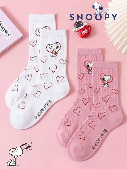 SNOOPY 2双正品史努比男士袜子，粉色和白色网眼袜，带心形图案，透气吸湿，休闲时尚的卡通史努比设计，适合学生和成人，是馈赠佳品和日常必备。