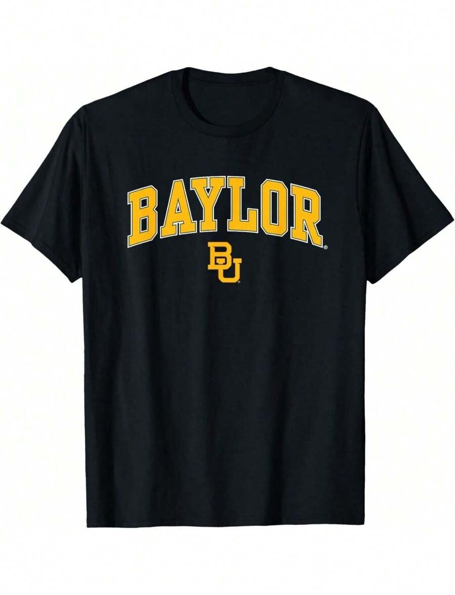 Casual Women's Black Round Neck Short Sleeve T-Shirt With Baylor Print Regular Length Slight Stretch Fabric - màu đen - Xem 1