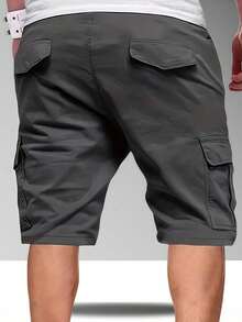 Pantalones cortos cargo de estilo callejero ligeros para hombres - Pantalones cortos casuales de unicolor con cordón y cintura elástica, deportes de verano - Gris Oscuro - Ver 2