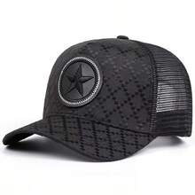 Gorra de béisbol de malla de jacquard negro, gorra de camionero con bordado de estrella de cinco puntas, gorra de red de protección solar unisex para exteriores - Cuadrícula de estrella de cinco puntas - Ver 2