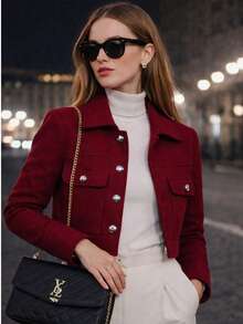 Women's Short Soft Bomber Jacket, Elegant With Front Buttons, Functional Pockets, Fitted Sleeves, Winter/Autumn Fashion, Casual Chic Look, Comfortable And Modern. - Burgundy - View 1