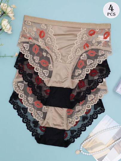 4 piezas/paquete Bragas tipo hipster sexy con encaje para mujeres, estampado floral cómodo y transpirable, versátil para todas las estaciones