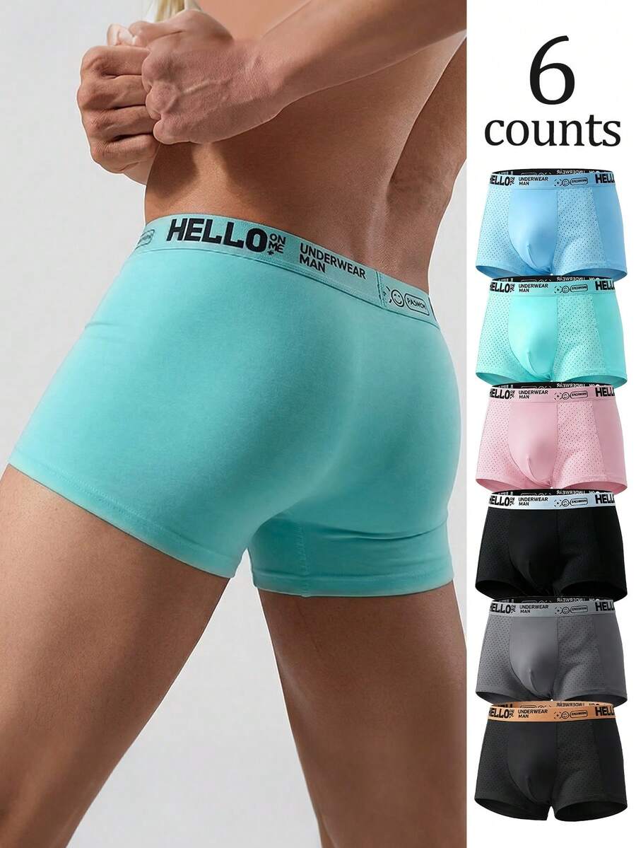 6pcs Men's Summer Ice Silk Cotton Crotch Slim Fit Underwear(SizeRunSmall,SizeUp),Comfortable&Multicolor Solid Color  Boxer Briefs,Breathable Boxer Shorts,Casual ,Sports Elastic Letter Band Boxer Briefs,Sports Boxer Briefs Sweat Absorption Breathable Good Elasticity Versatile Solid Easy To Wash Quick Dry Sports Outdoor Running Yoga Daily School Men,