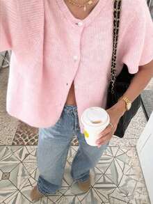 FOR BEAUTY Spring/Summer New Blue Round Neck Short Sleeve Button Knit Cardigan, Fashion Casual Minimalist, Street Style, Suitable For Commuting, Casual, Outing, Graduation Ceremony, Street Photography - Pink - View 2